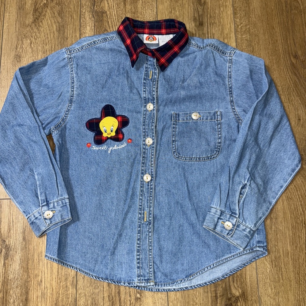 Vintage Kids Looney Tunes denim Tweety Brd shirt size 10 plaid collar